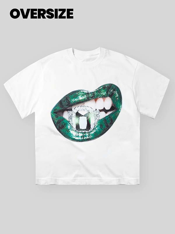 Eye-catching green diamond lips money print T-shirt