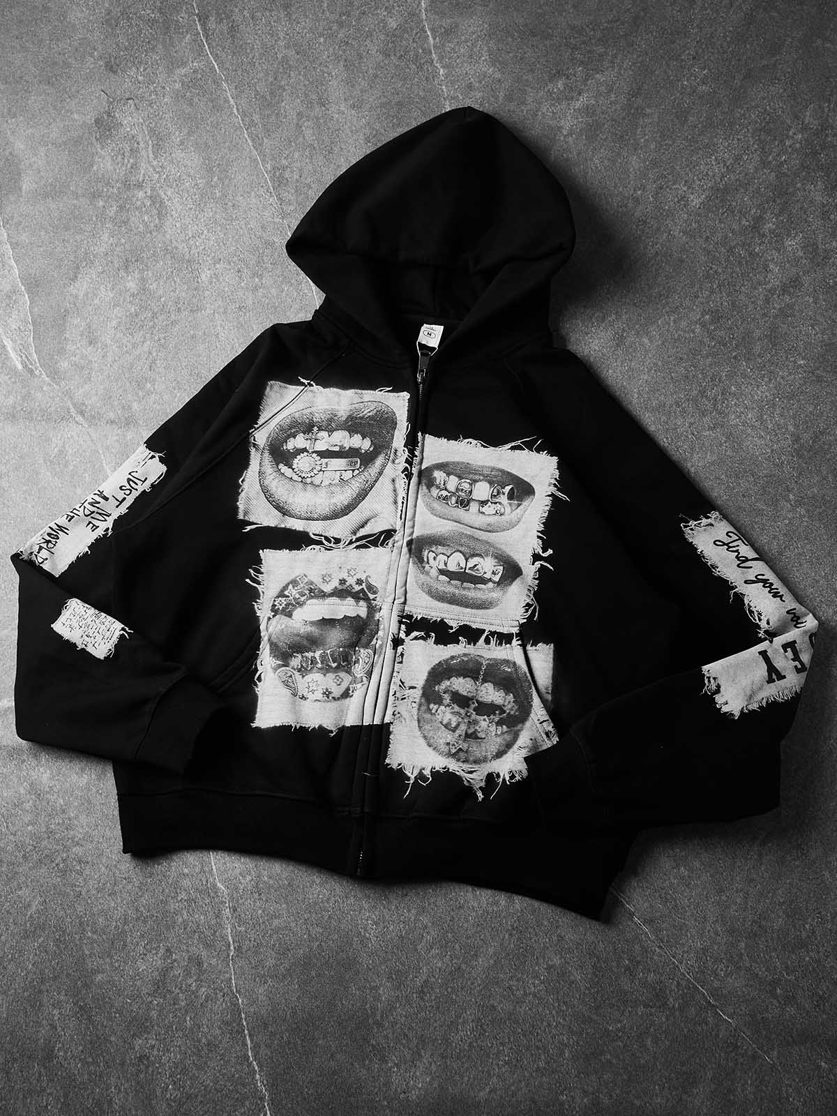 Sudadera NOISSEY con capucha y cremallera completa, con patchwork falso de grillz de diamantes en blanco y negro y bordes sin rematar - Negro clásico