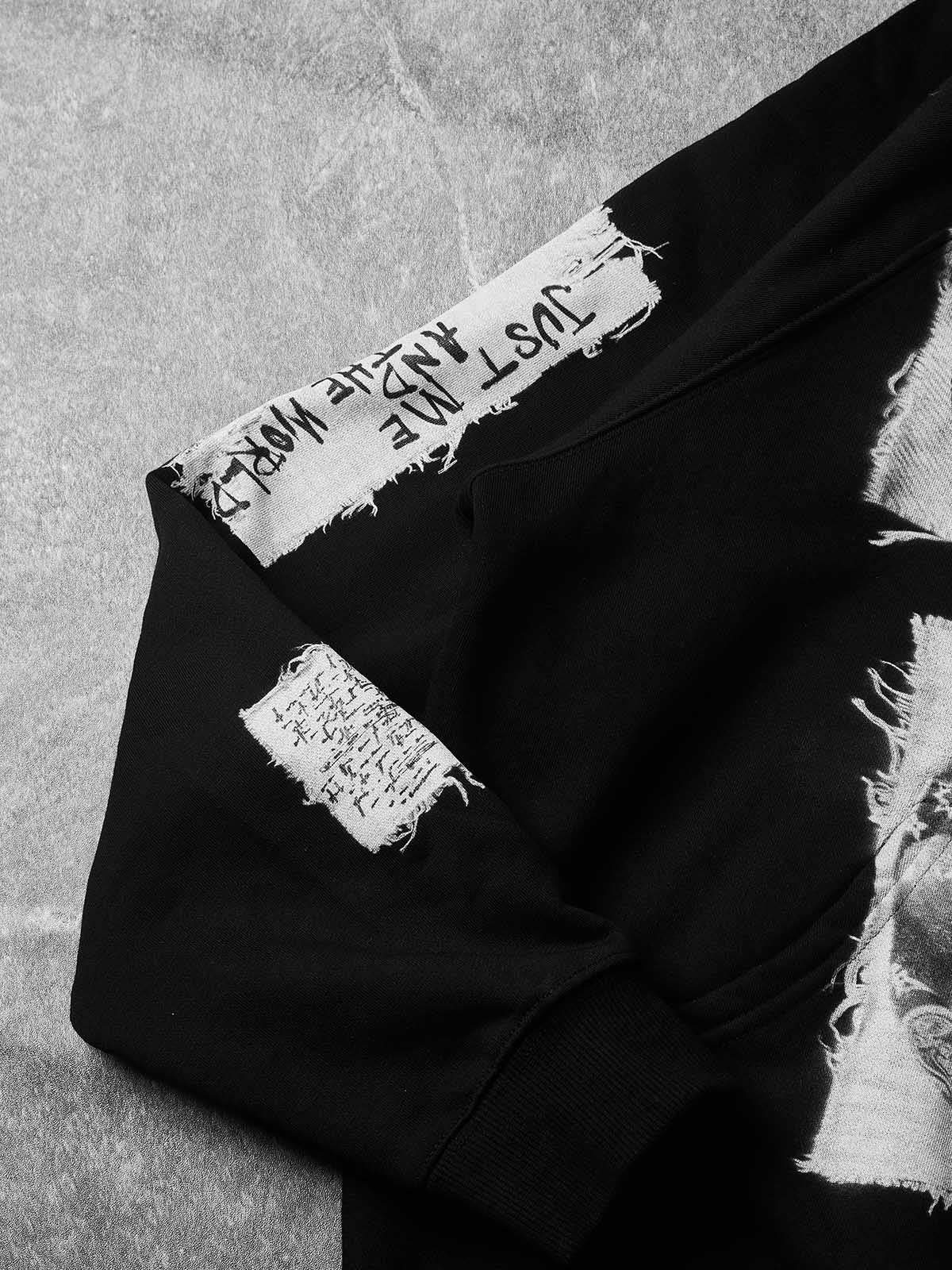 Sudadera NOISSEY con capucha y cremallera completa, con patchwork falso de grillz de diamantes en blanco y negro y bordes sin rematar - Negro clásico