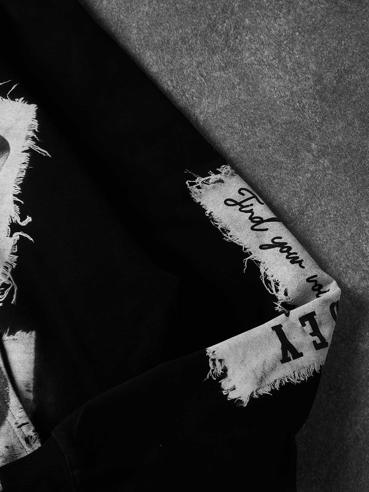 Sudadera NOISSEY con capucha y cremallera completa, con patchwork falso de grillz de diamantes en blanco y negro y bordes sin rematar - Negro clásico