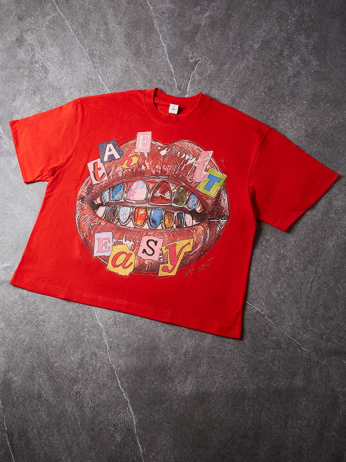 NOISSEY "TAKE IT EASY" Diamond Grillz Lips Collage Boxy Fit T-Shirt - Red