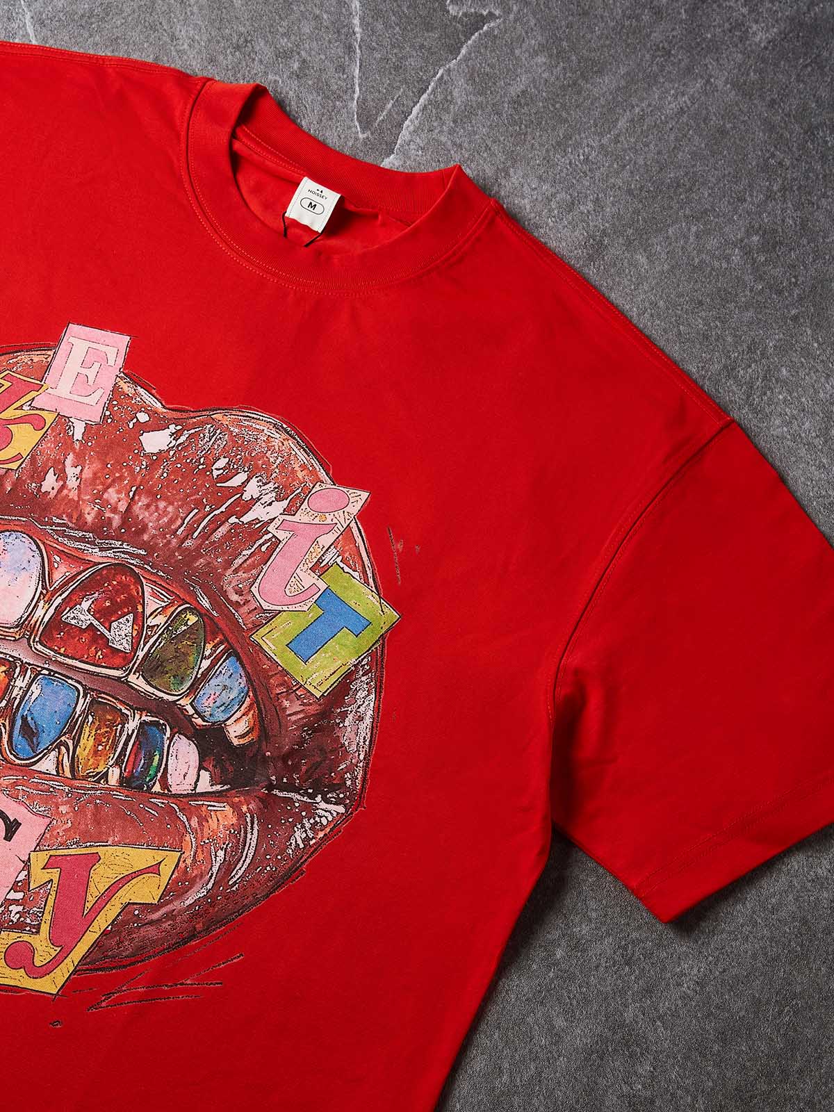 NOISSEY "TAKE IT EASY" Diamond Grillz Lips Collage Boxy Fit T-Shirt - Red