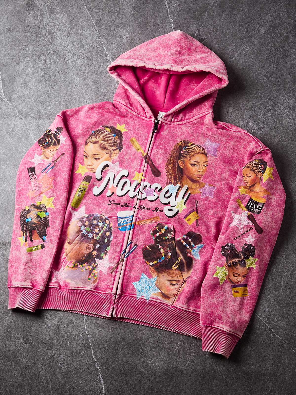 Sudadera con capucha y cremallera completa NOISSEY con diseño de cabello trenzado rosa lavado con ácido - Rosa lavado