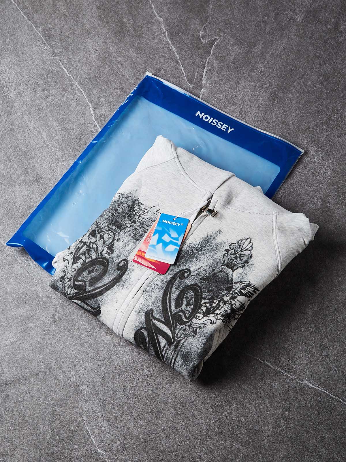 NOISSEY Vintage Washed Baroque Carving &amp; Script Full-Zip Hoodie - Acid Wash Grey