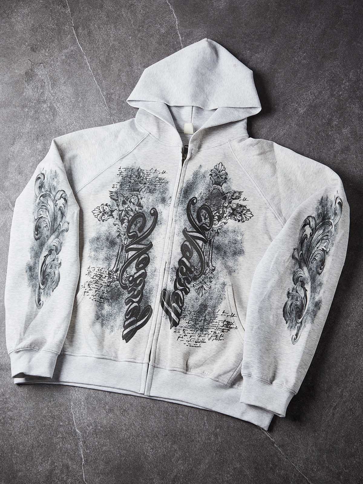 NOISSEY Vintage Washed Baroque Carving &amp; Script Full-Zip Hoodie - Acid Wash Grey