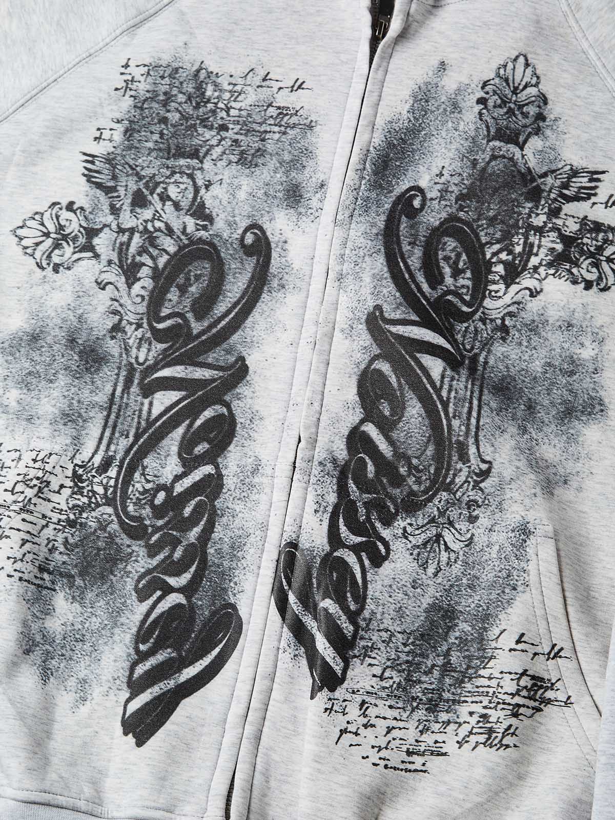 NOISSEY Vintage Washed Baroque Carving &amp; Script Full-Zip Hoodie - Acid Wash Grey
