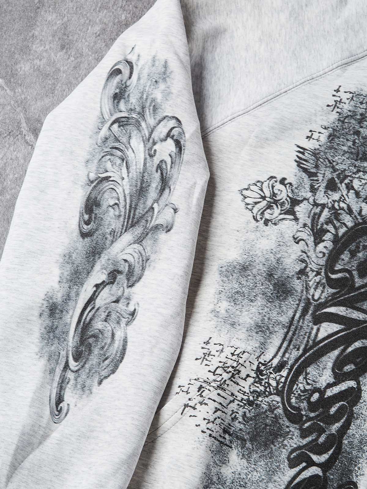 NOISSEY Vintage Washed Baroque Carving &amp; Script Full-Zip Hoodie - Acid Wash Grey
