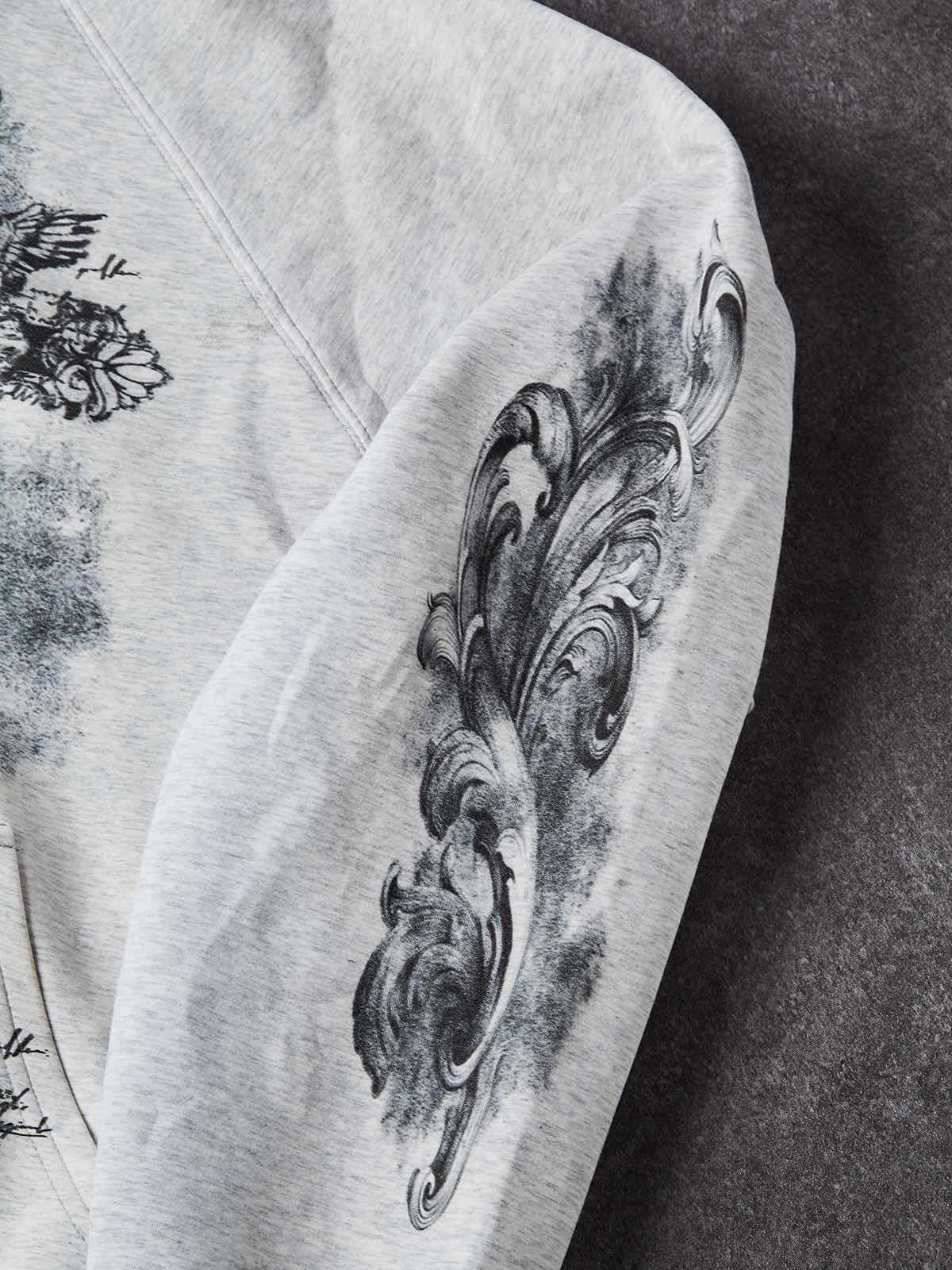 NOISSEY Vintage Washed Baroque Carving &amp; Script Full-Zip Hoodie - Acid Wash Grey