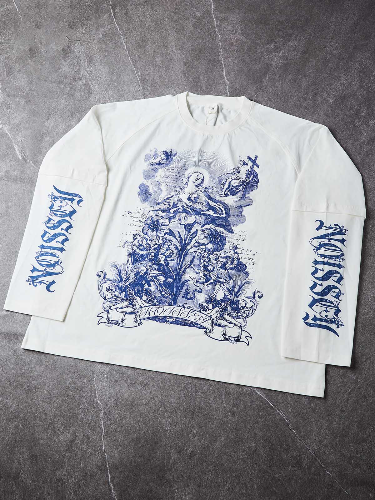 Camiseta de manga larga NOISSEY con efecto de capas, grabado a bolígrafo de la Virgen María y ángeles - Blanco puro