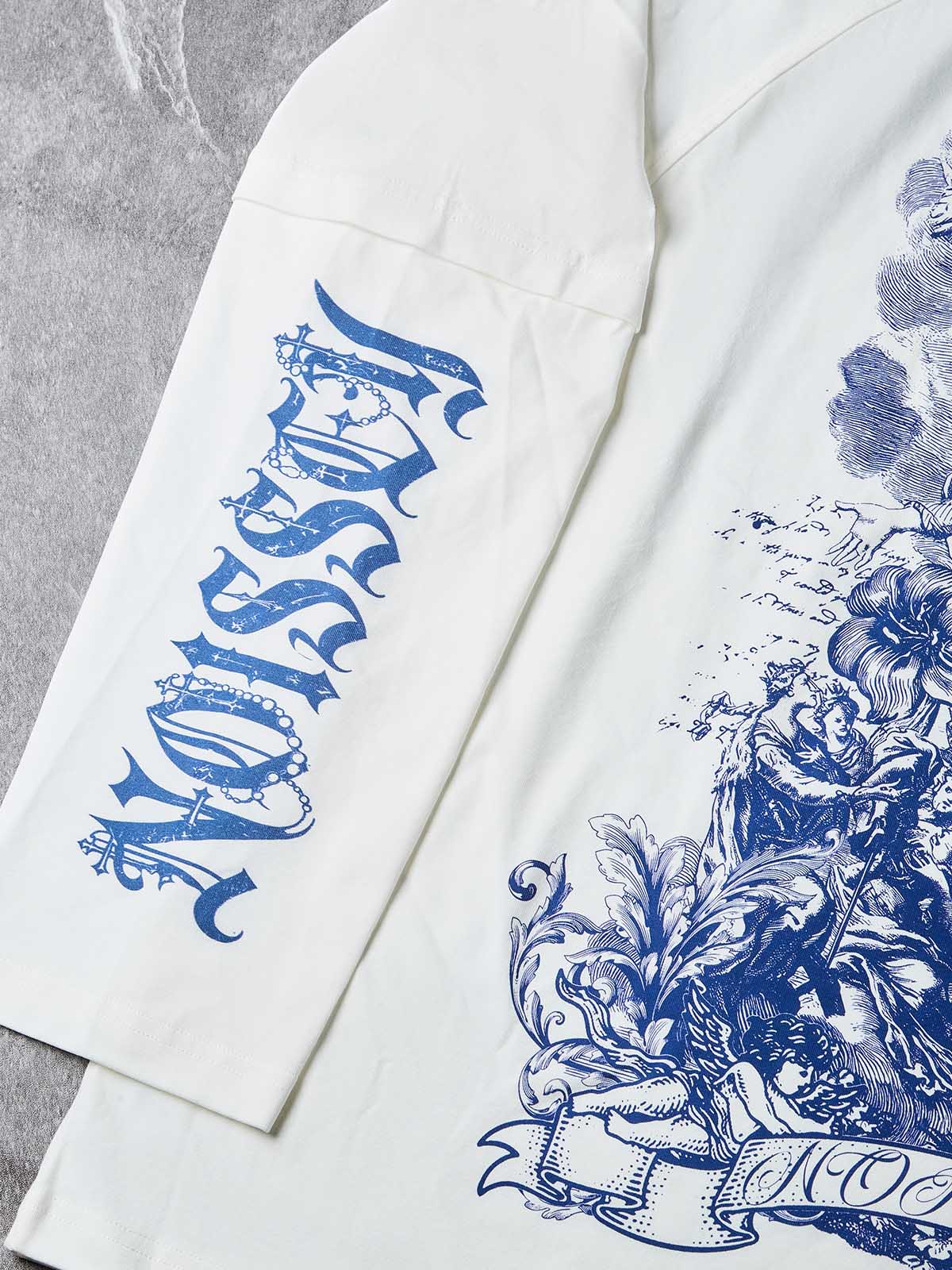 Camiseta de manga larga NOISSEY con efecto de capas, grabado a bolígrafo de la Virgen María y ángeles - Blanco puro
