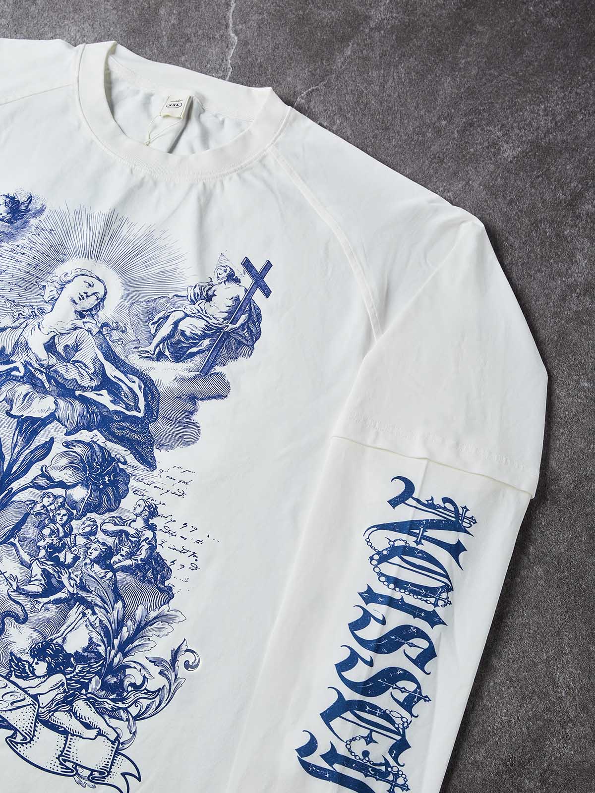 Camiseta de manga larga NOISSEY con efecto de capas, grabado a bolígrafo de la Virgen María y ángeles - Blanco puro