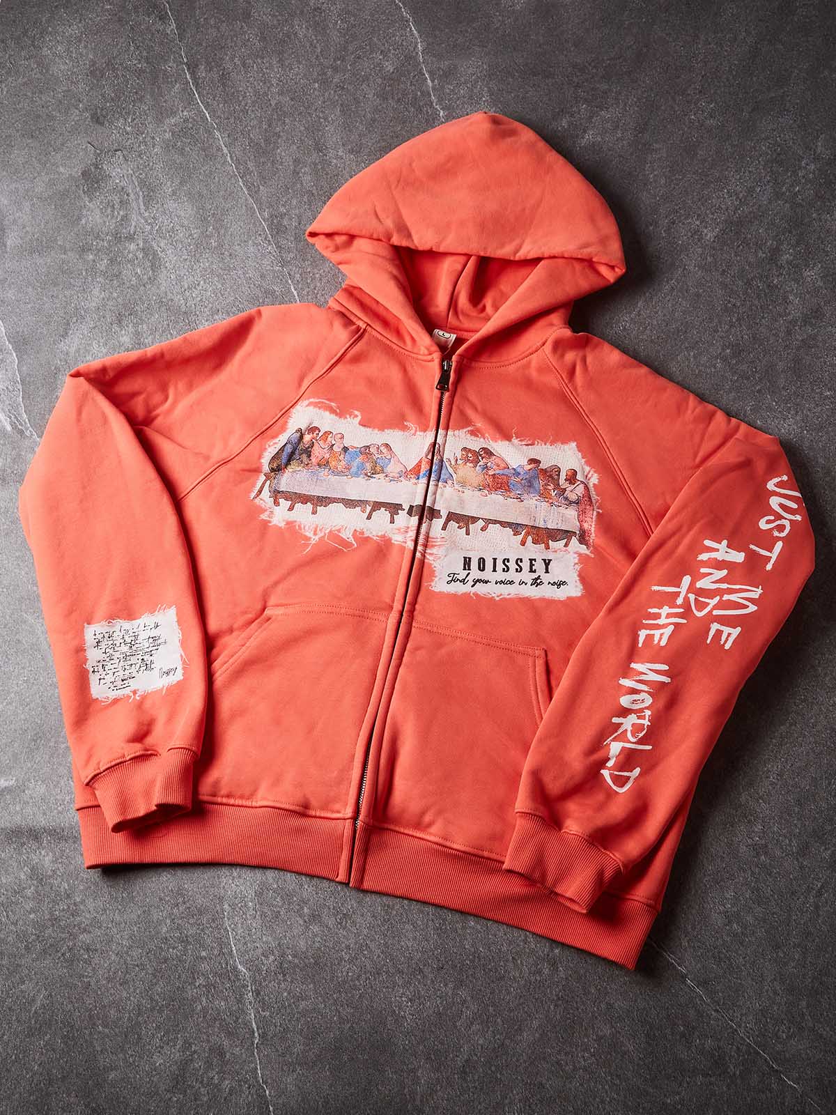 NOISSEY Vintage "The Last Supper" Faux Raw-Edge Patchwork Full-Zip Hoodie - Heritage Orange