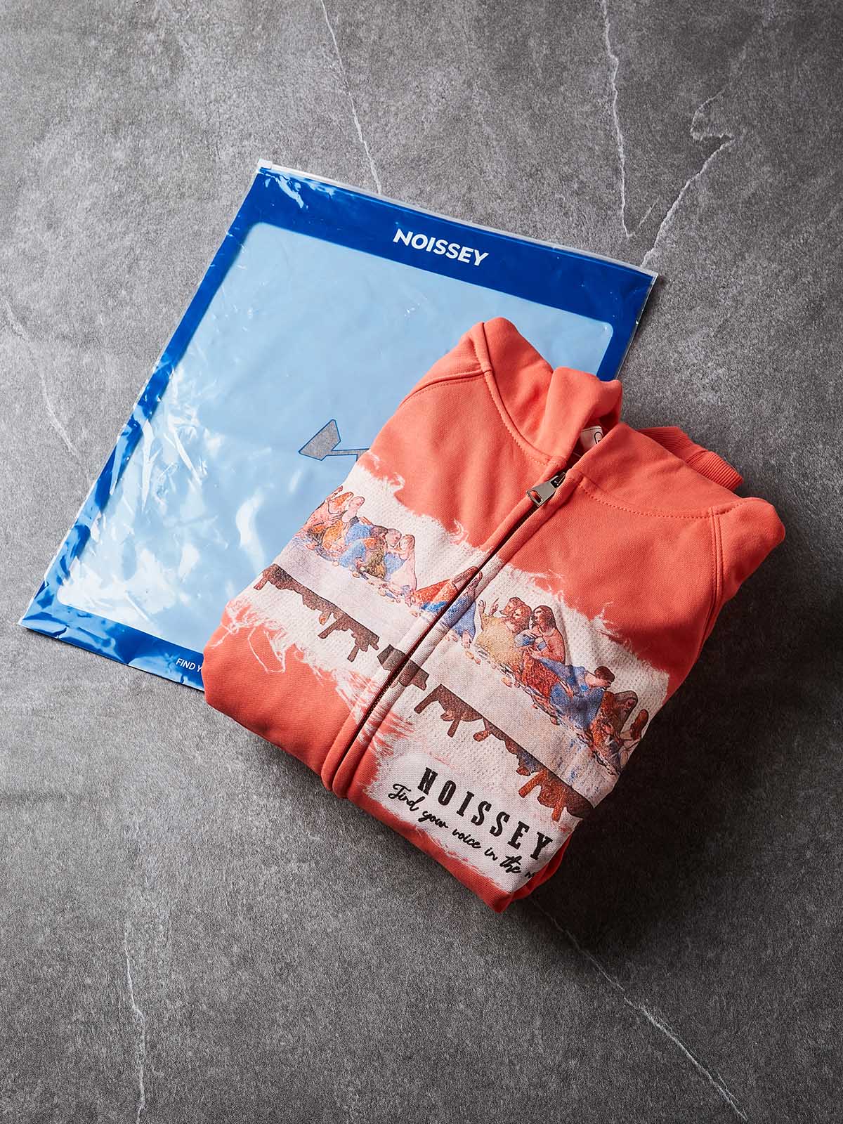NOISSEY Vintage "The Last Supper" Faux Raw-Edge Patchwork Full-Zip Hoodie - Heritage Orange