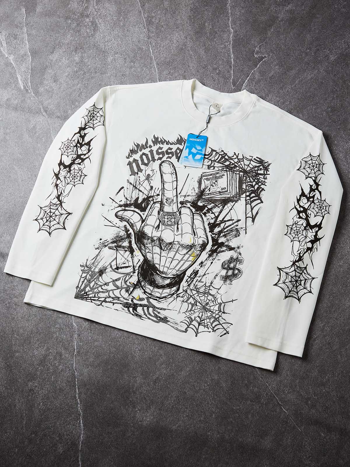 NOISSEY Felpa bianca pura con maniche lunghe, ragno disegnato a mano libera e ragnatela