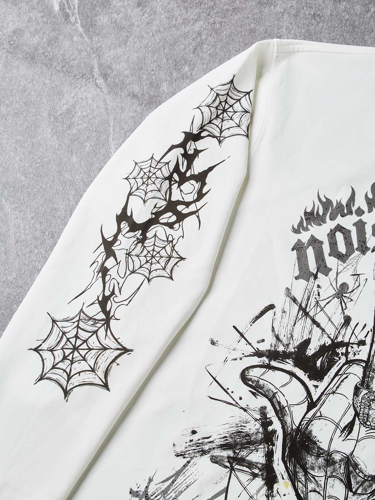 NOISSEY Felpa bianca pura con maniche lunghe, ragno disegnato a mano libera e ragnatela
