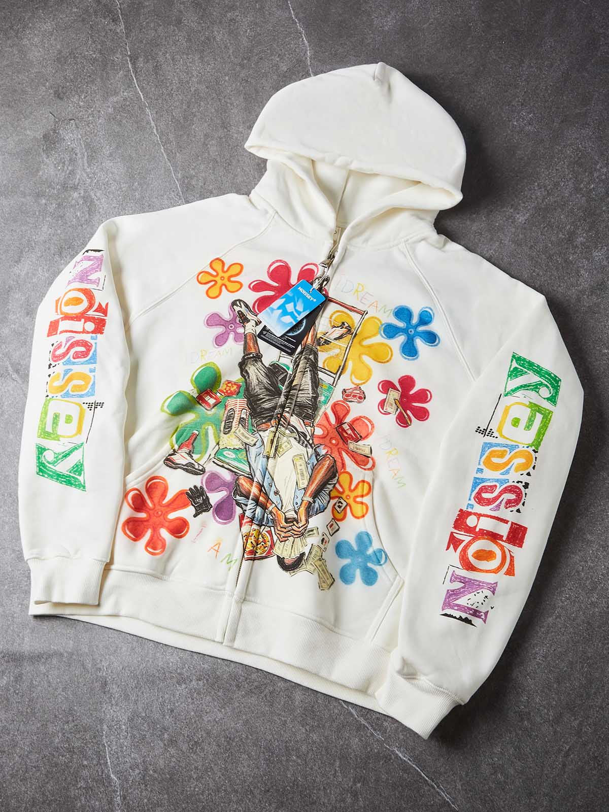 NOISSEY Colorful Graffiti Flower & Dreamer Portrait Full-Zip Hoodie - Classic Black / Pure White