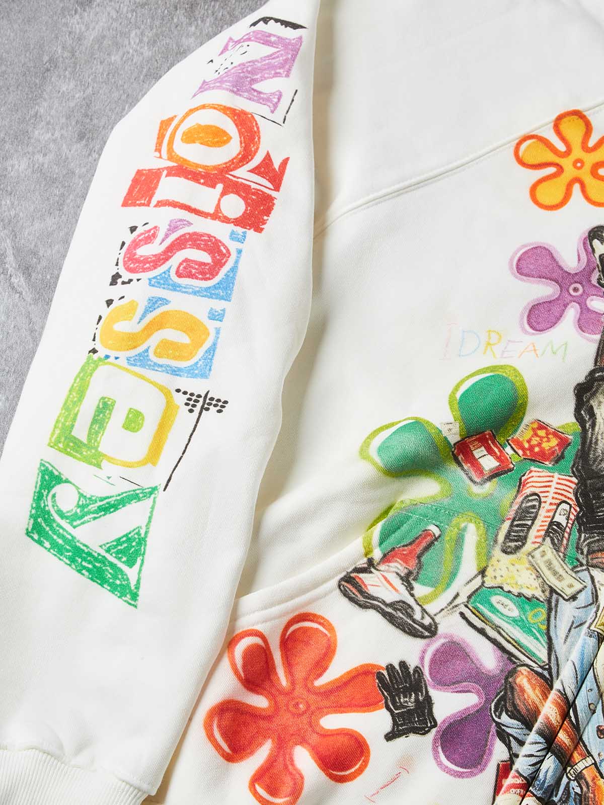 NOISSEY Colorful Graffiti Flower & Dreamer Portrait Full-Zip Hoodie - Classic Black / Pure White