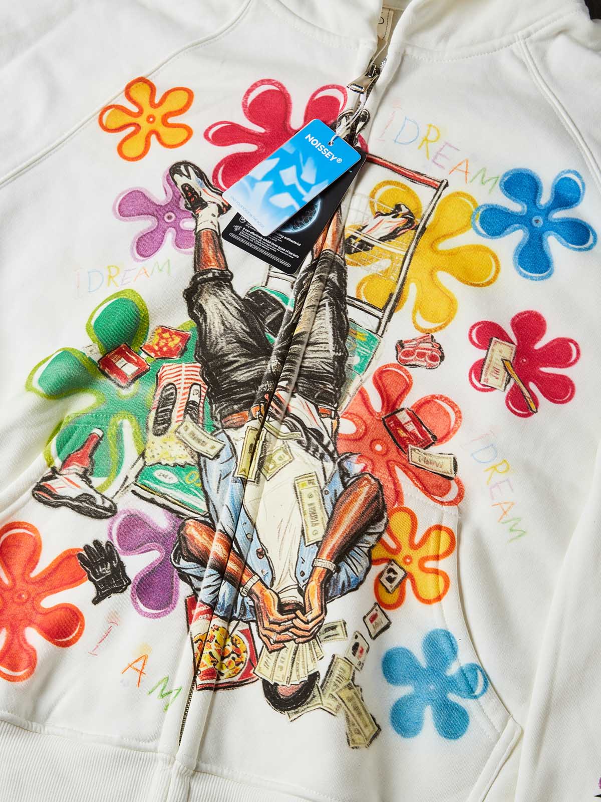 NOISSEY Colorful Graffiti Flower & Dreamer Portrait Full-Zip Hoodie - Classic Black / Pure White