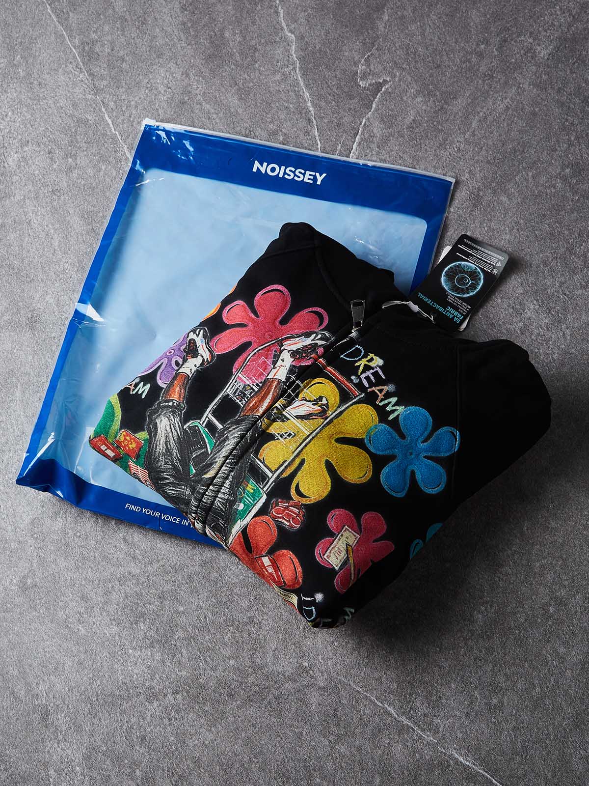 NOISSEY Colorful Graffiti Flower & Dreamer Portrait Full-Zip Hoodie - Classic Black / Pure White