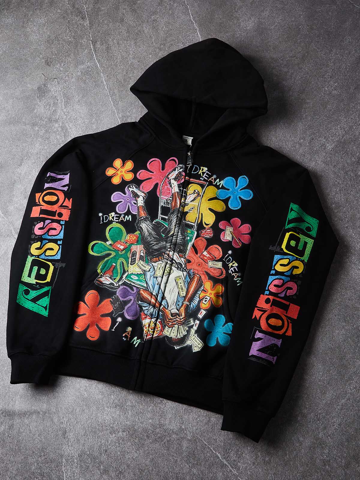NOISSEY Colorful Graffiti Flower & Dreamer Portrait Full-Zip Hoodie - Classic Black / Pure White