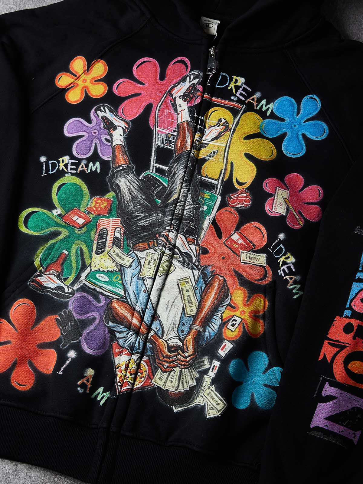 NOISSEY Colorful Graffiti Flower & Dreamer Portrait Full-Zip Hoodie - Classic Black / Pure White
