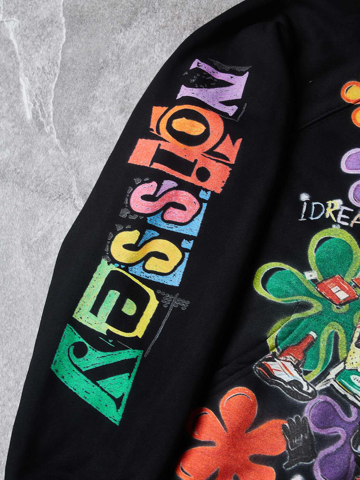 NOISSEY Colorful Graffiti Flower & Dreamer Portrait Full-Zip Hoodie - Classic Black / Pure White