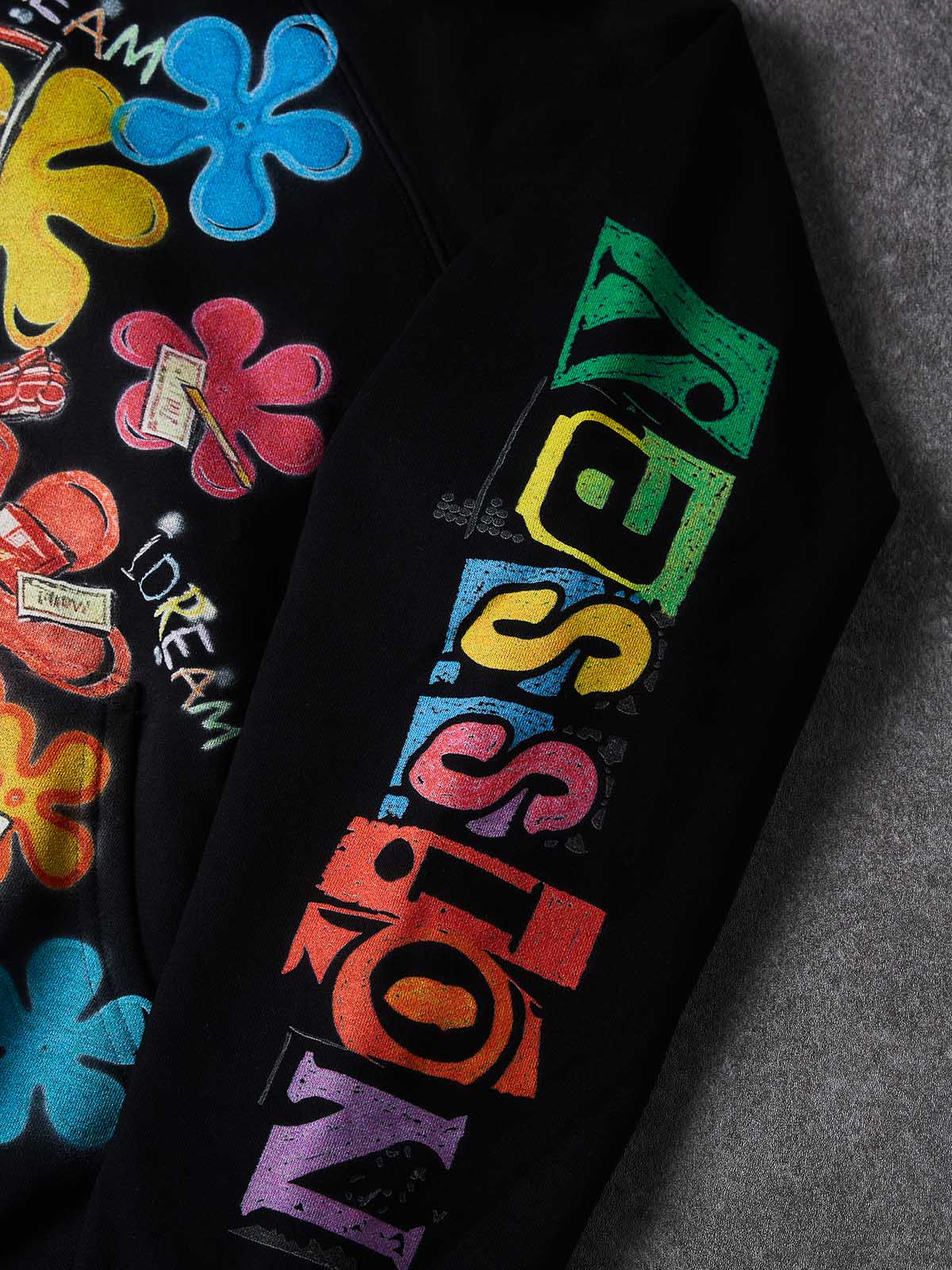NOISSEY Colorful Graffiti Flower & Dreamer Portrait Full-Zip Hoodie - Classic Black / Pure White