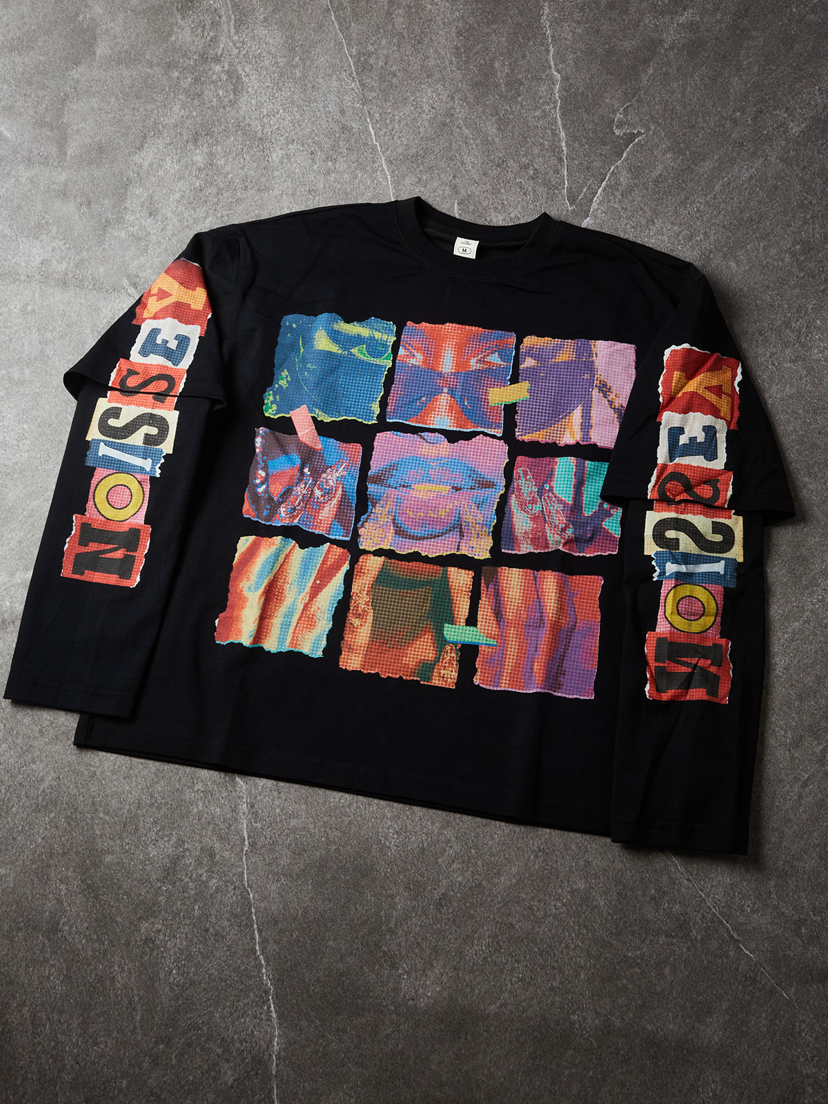 Camiseta NOISSEY de manga larga con efecto de capas y retrato pop art de cuadrícula de nueve - Negro