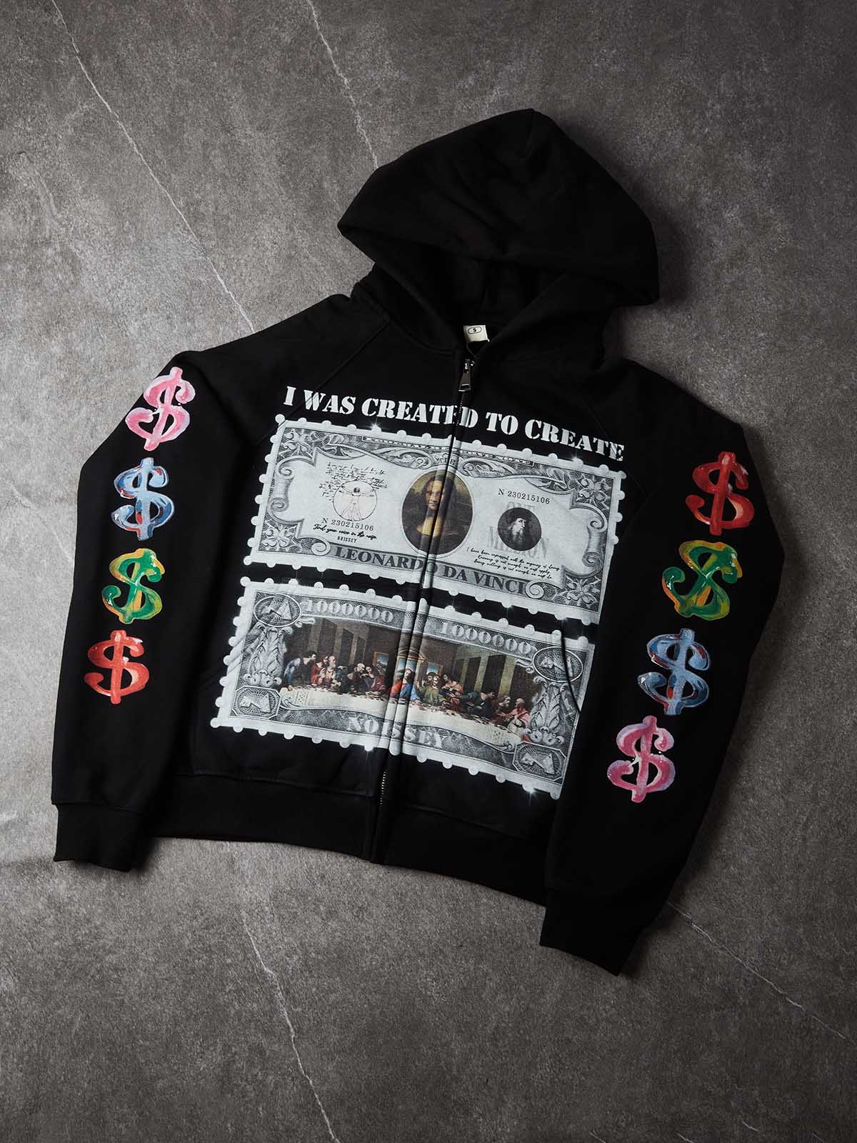 Felpa con cappuccio NOISSEY con grafica del timbro del dollaro sul capolavoro di Da Vinci e chiusura integrale con cerniera - Nero corvino
