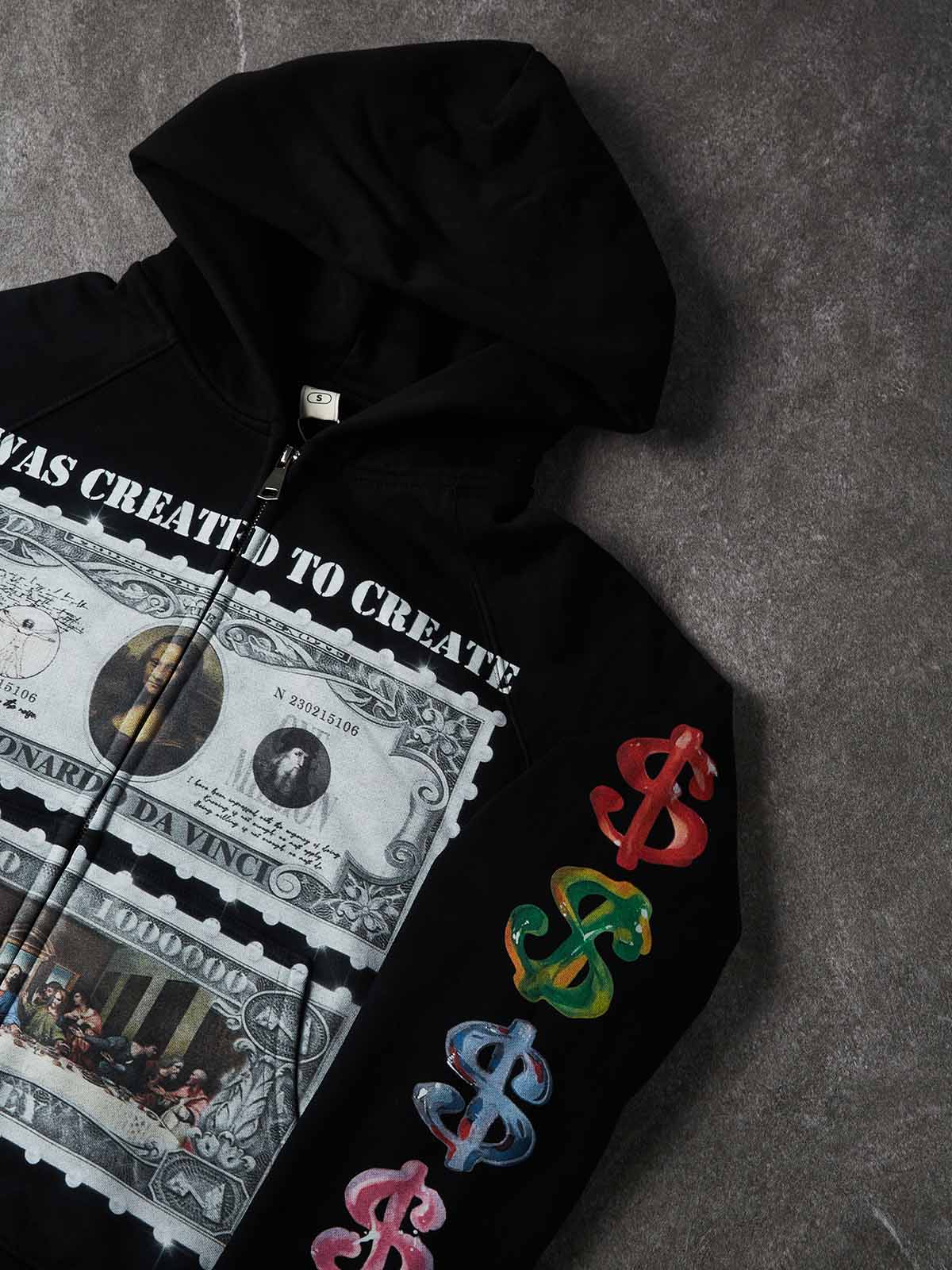 Felpa con cappuccio NOISSEY con grafica del timbro del dollaro sul capolavoro di Da Vinci e chiusura integrale con cerniera - Nero corvino