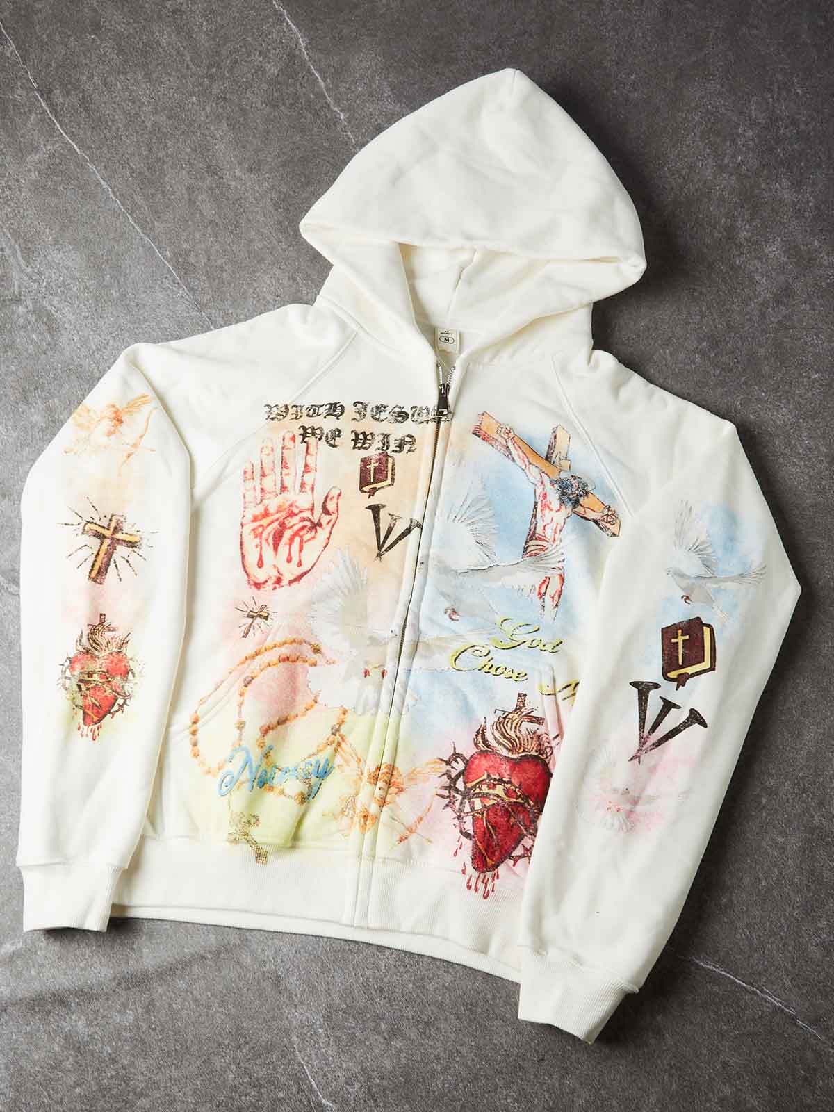 NOISSEY Sacred Heart & Dove Vintage Collage Full-Zip Hoodie - Pure White