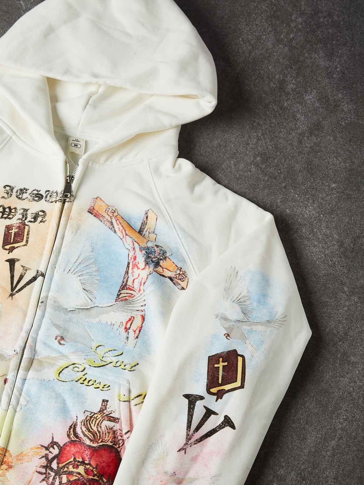 NOISSEY Sacred Heart & Dove Vintage Collage Full-Zip Hoodie - Pure White