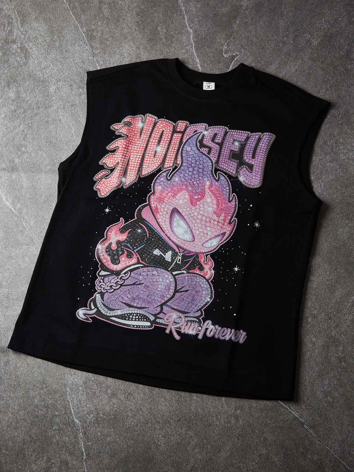Camiseta de tirantes NOISSEY Run Forever con personaje de llamas cubierto de pedrería - Negro fantasma