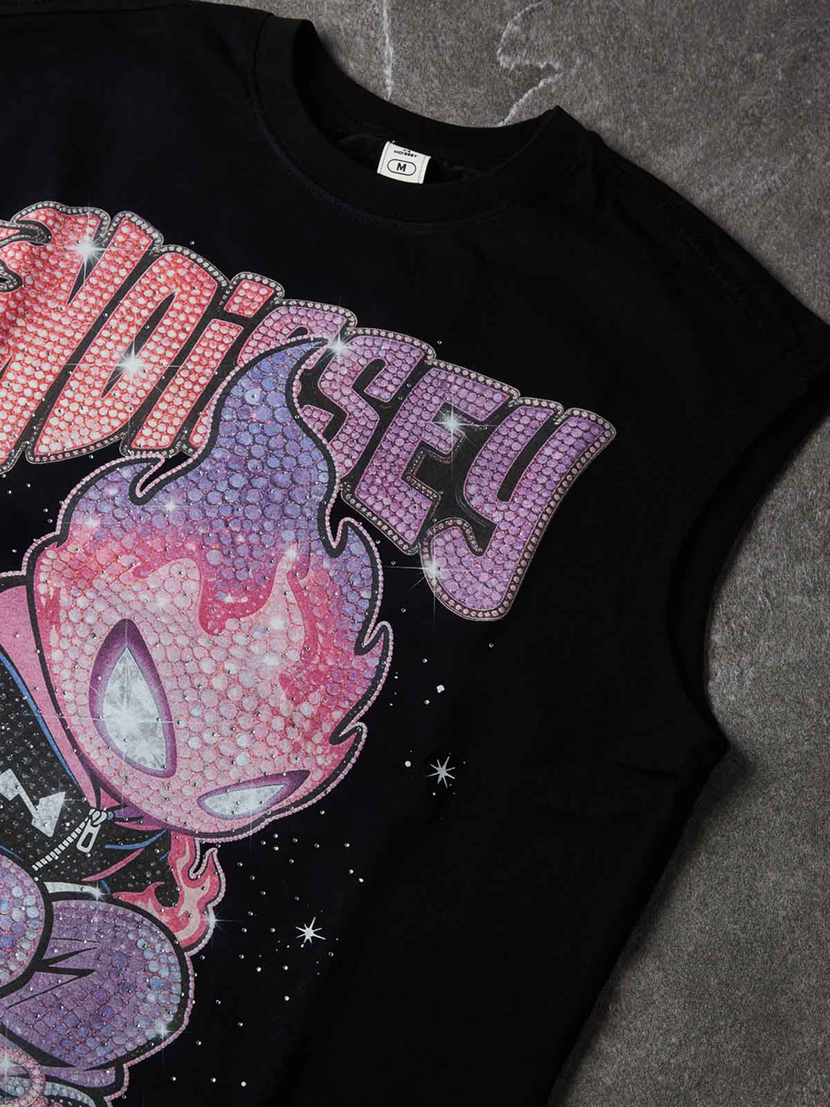 Camiseta de tirantes NOISSEY Run Forever con personaje de llamas cubierto de pedrería - Negro fantasma