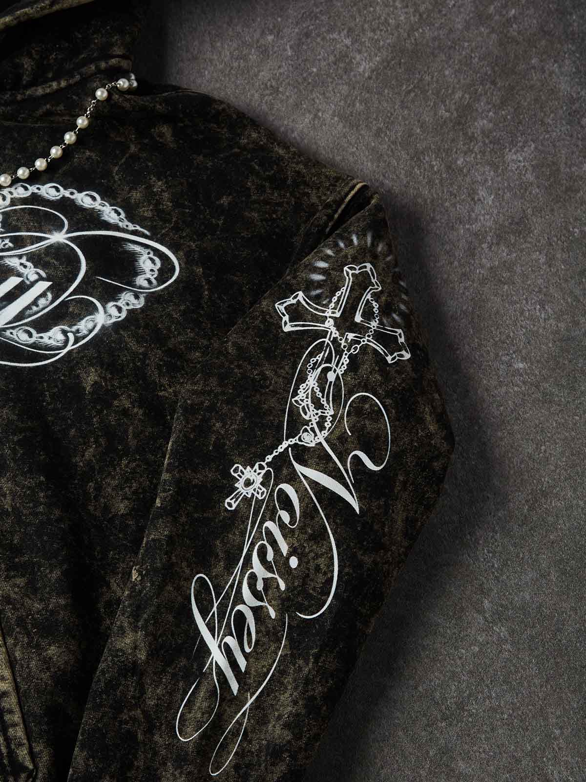 NOISSEY Vintage Washed Black Pearl Necklace Accessory & Printed Cross Zip-Up Hoodie