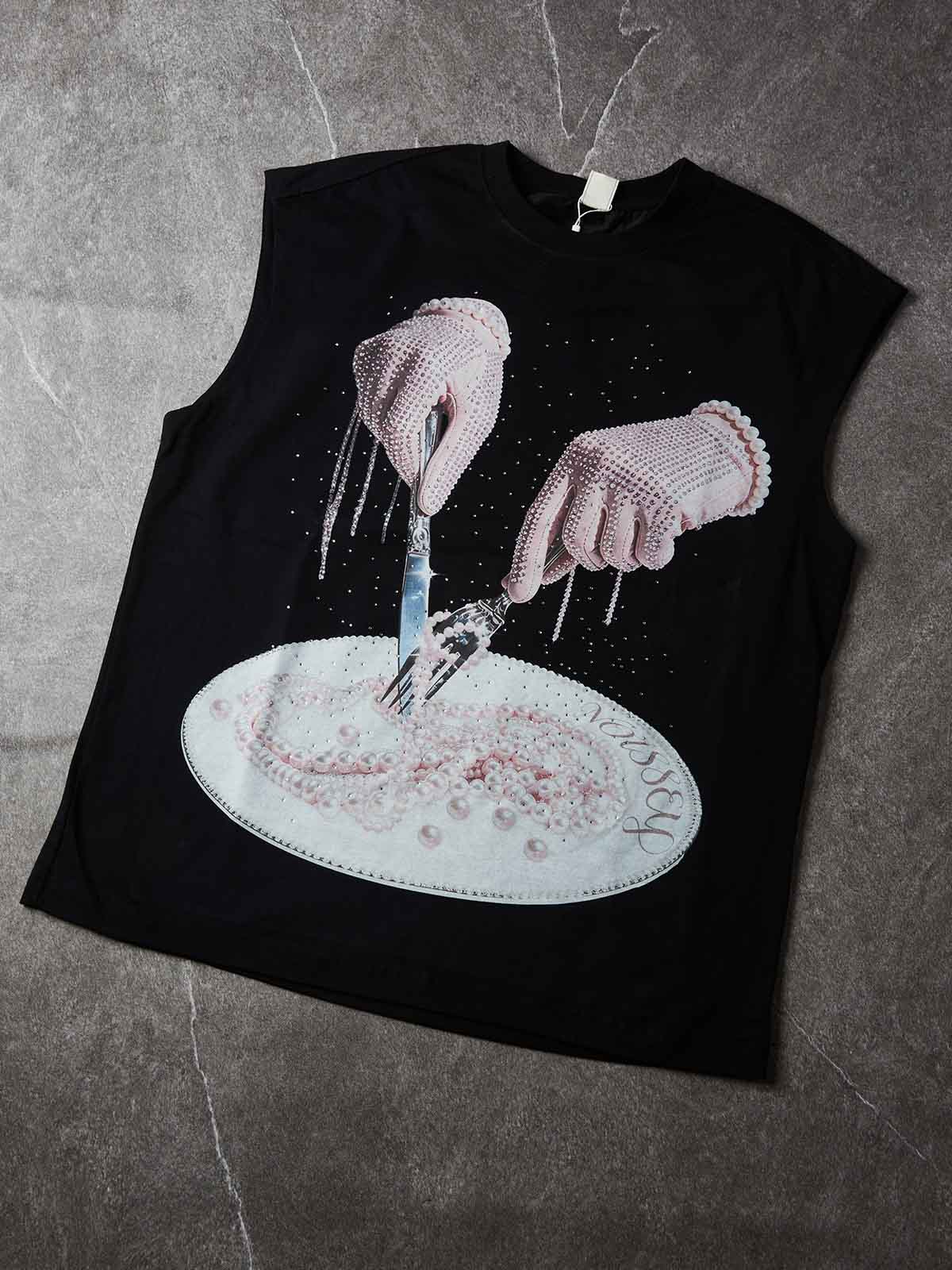 NOISSEY Pink Pearl Plate &amp; Iced Gloves Rhinestone Graphic Vest - Jet Black