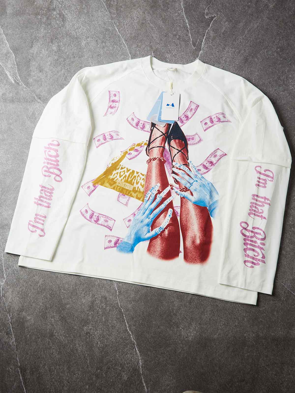 NOISSEY Monochrome Art Nail & High Heels Faux Layer Long Sleeve T-Shirt - Pure White