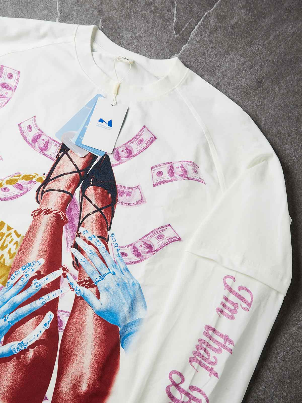 NOISSEY Monochrome Art Nail & High Heels Faux Layer Long Sleeve T-Shirt - Pure White
