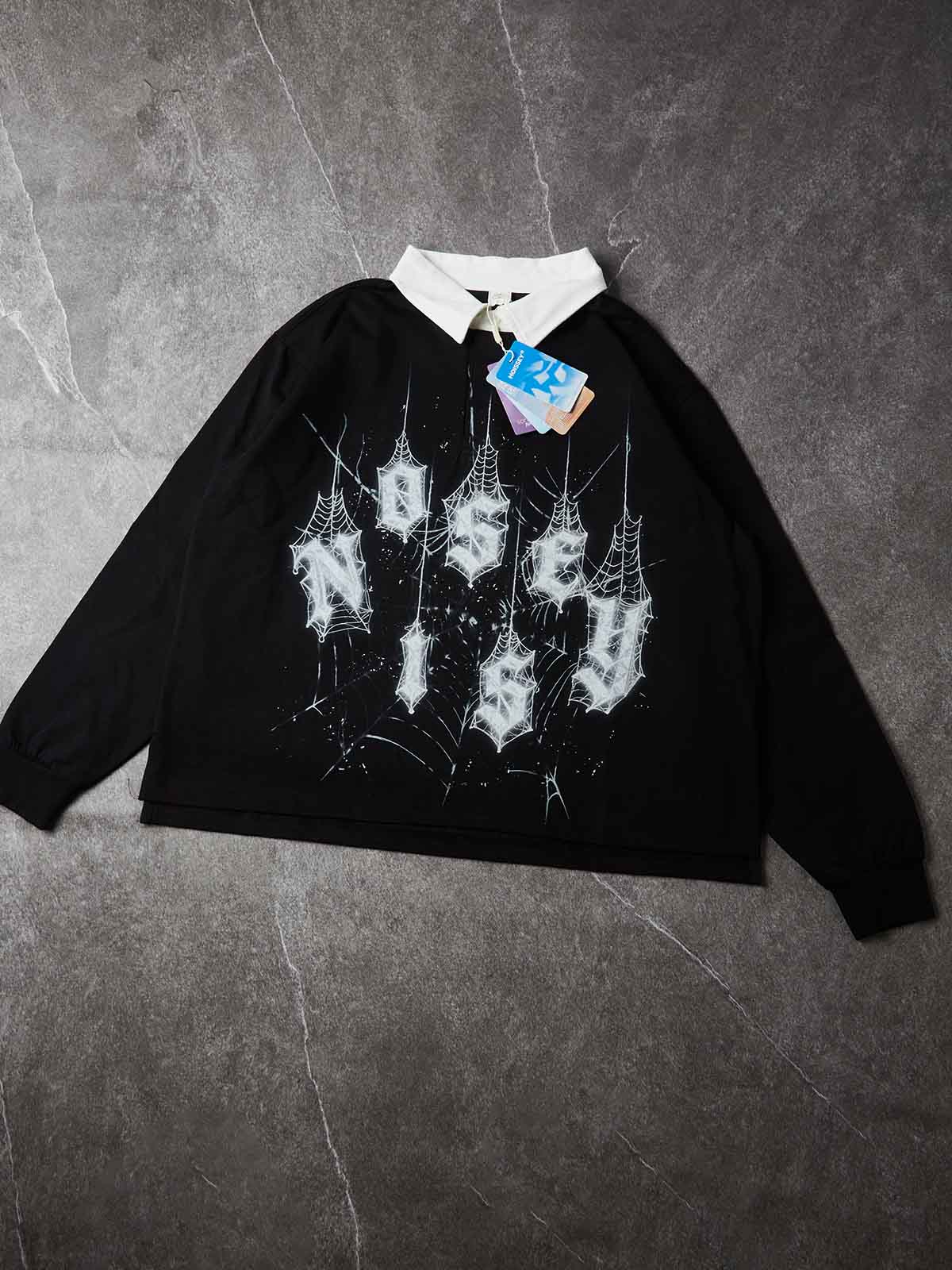 NOISSEY Diamond Spiderweb Graphic Long Sleeve Polo Sweatshirt - Pure Black