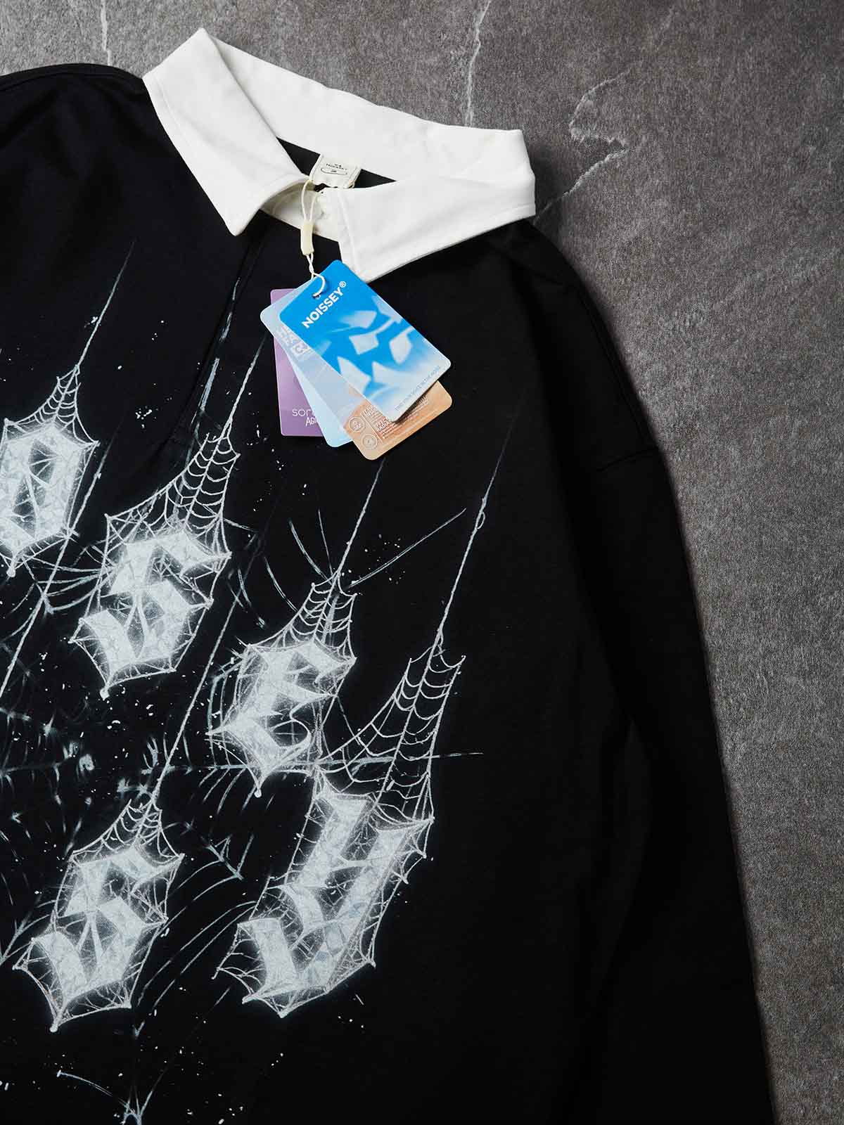 NOISSEY Diamond Spiderweb Graphic Long Sleeve Polo Sweatshirt - Pure Black