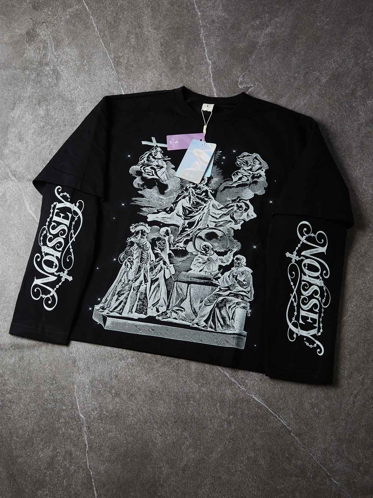 NOISSEY Monochrome Religious Copperplate Print Faux Twin-Set Long Sleeve T-Shirt - Pure Black