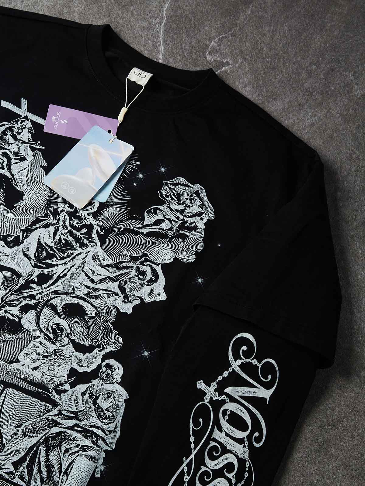 NOISSEY Monochrome Religious Copperplate Print Faux Twin-Set Long Sleeve T-Shirt - Pure Black
