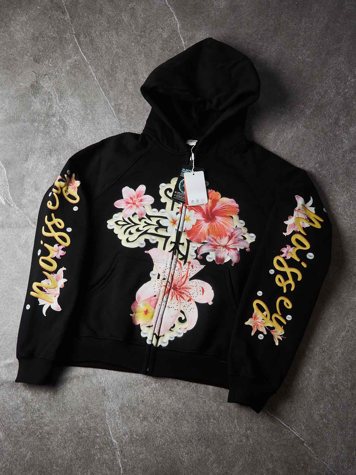 NOISSEY Floral Cross Graphic Full-Zip Hoodie - Jet Black