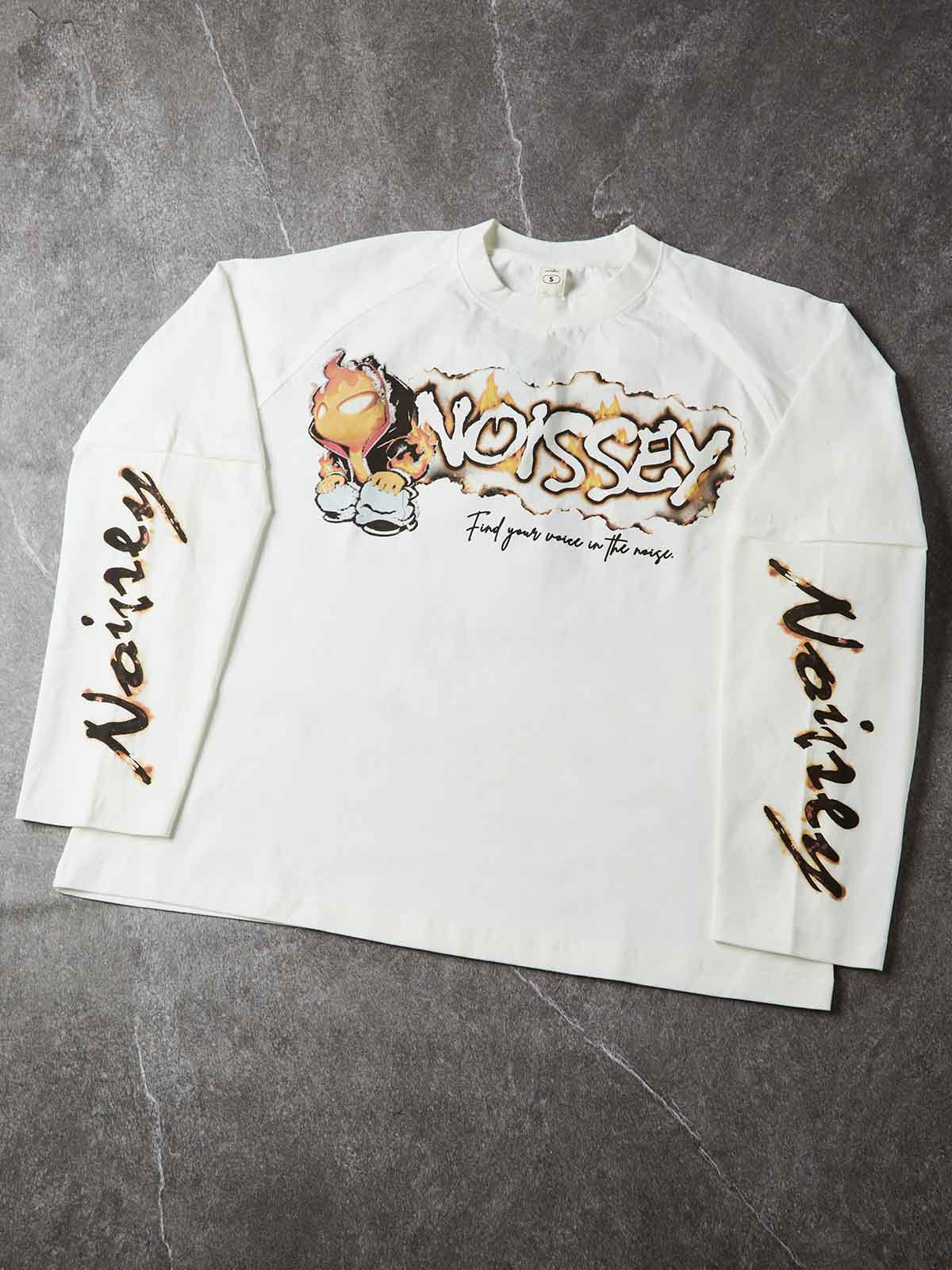 NOISSEY Flame Character &amp; Burnt Edge Faux-Two-Piece Long Sleeve - Pearl WhiteNOISSEY Flame Character &amp; Burnt Edge Faux-Two-Piece Long Sleeve - Pearl White