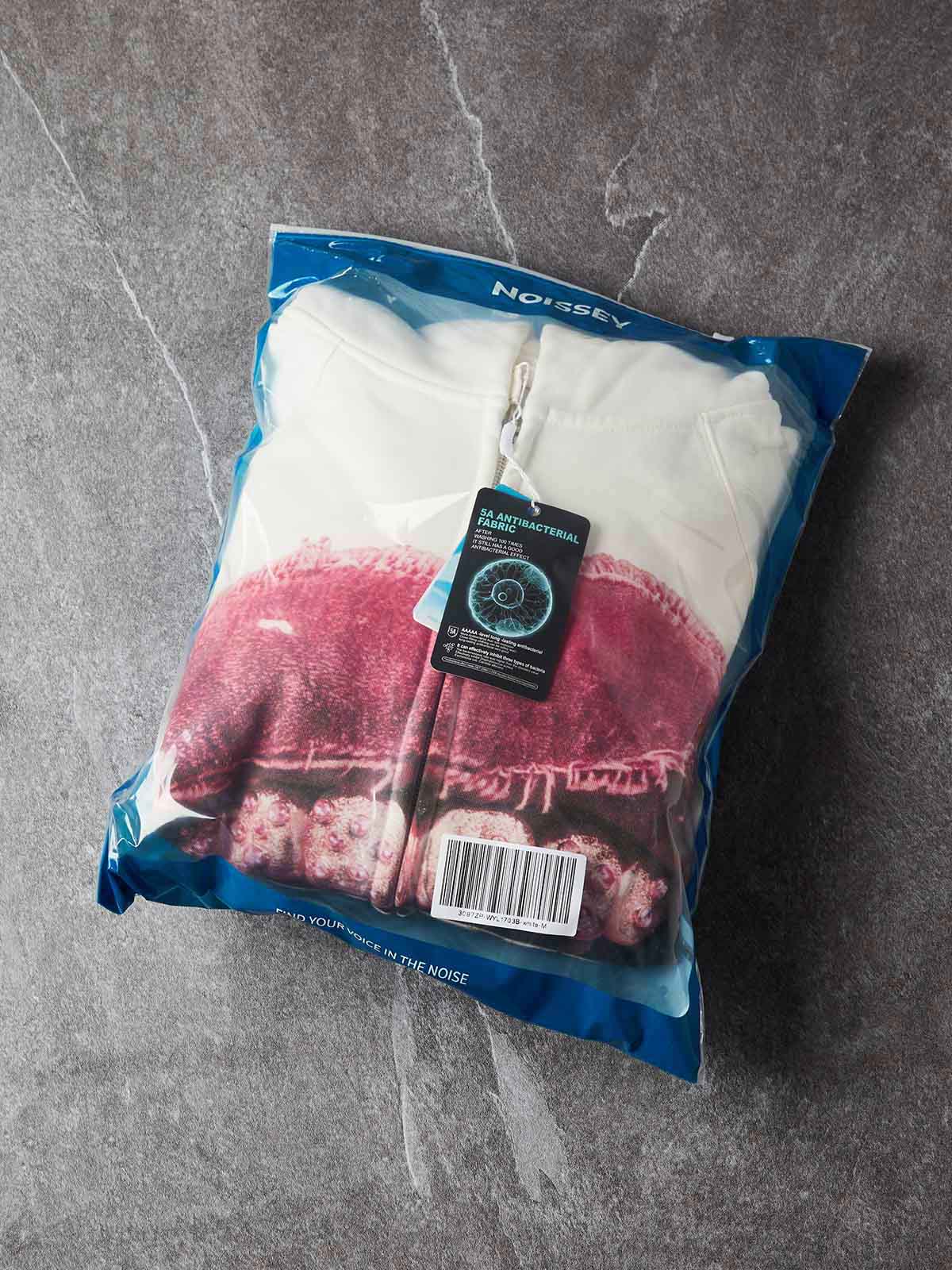 NOISSEY Faux-Distressed Pink Lips &amp; Iced-Out Grillz Zip-Up Hoodie - Pearl White