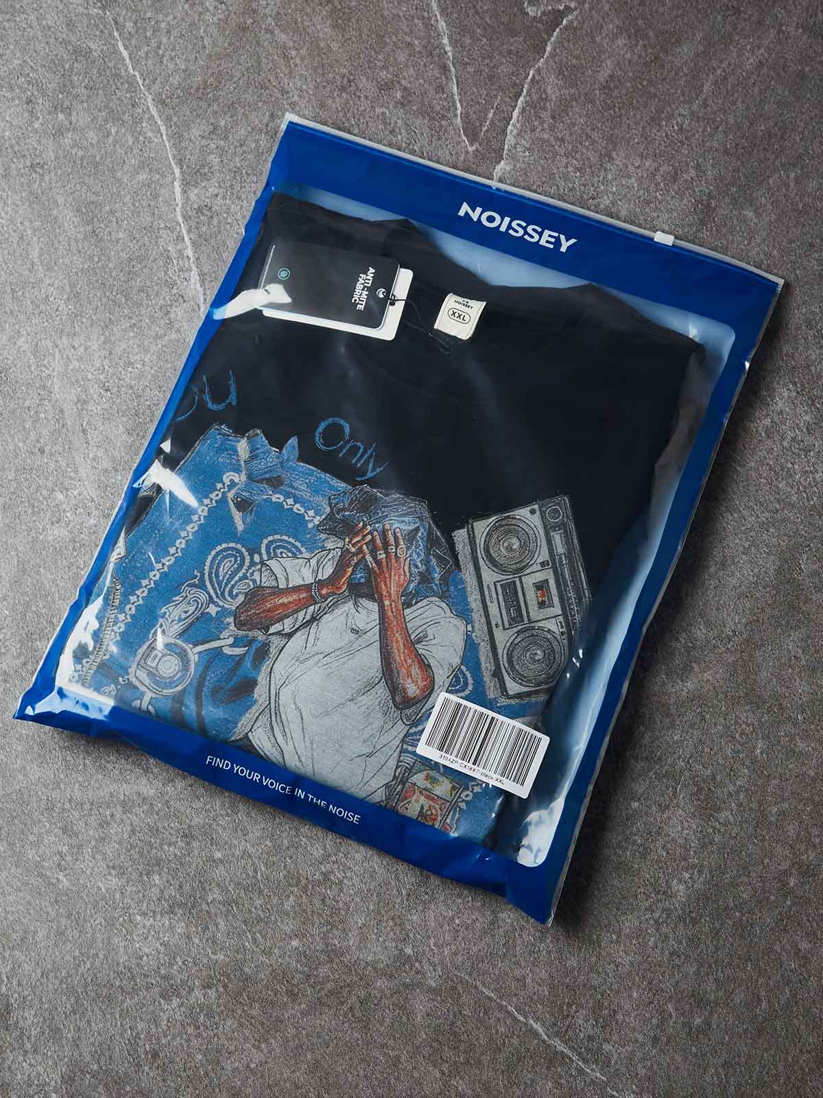 NOISSEY YOLO Blue Paisley Vintage Rap Sketch Graphic Long Sleeve - White / Black Boxy Streetwear Shirt