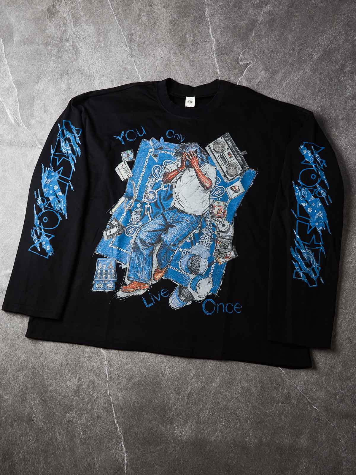 NOISSEY YOLO Blue Paisley Vintage Rap Sketch Graphic Long Sleeve - White / Black Boxy Streetwear Shirt
