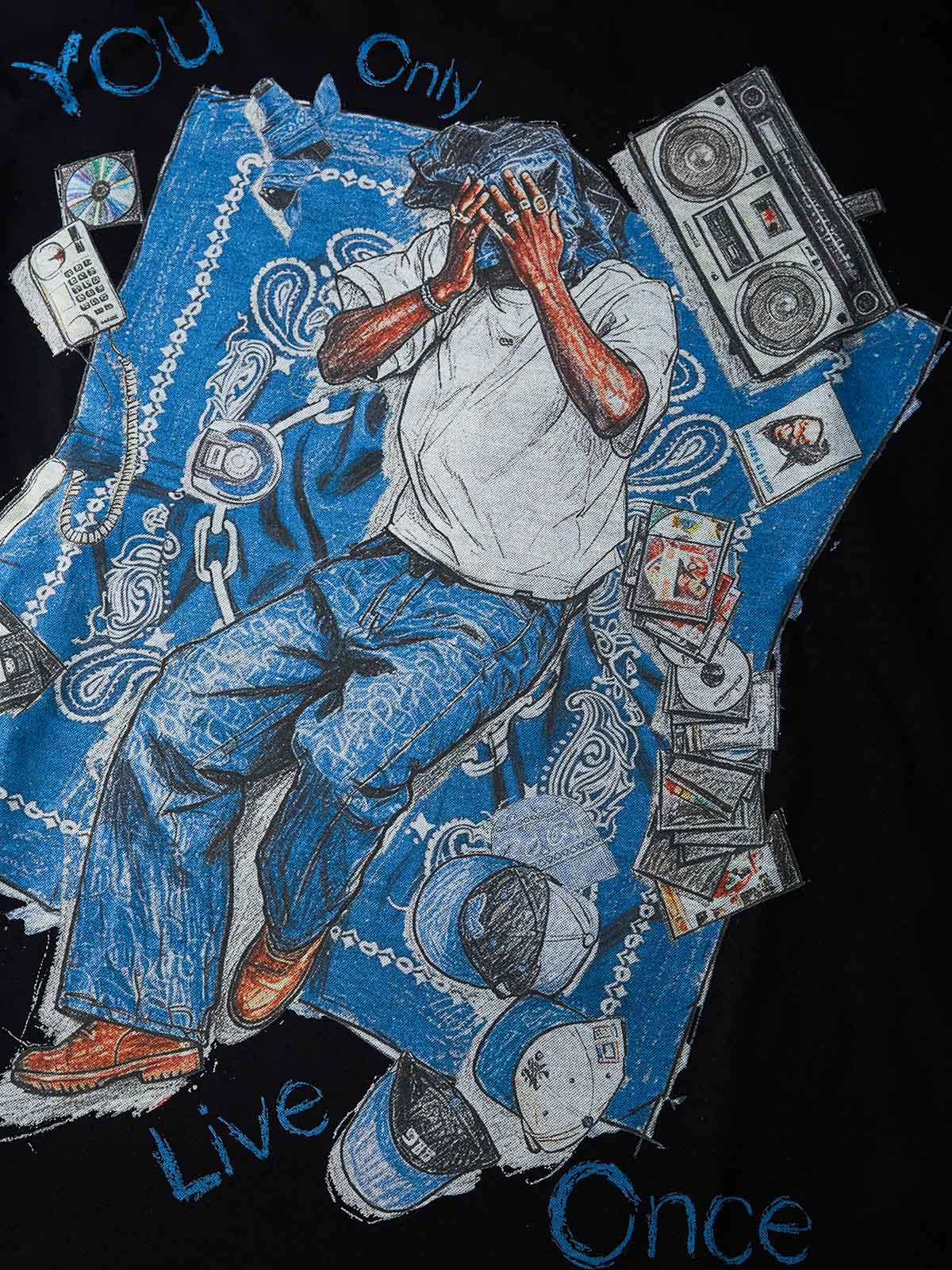 NOISSEY YOLO Blue Paisley Vintage Rap Sketch Graphic Long Sleeve - White / Black Boxy Streetwear Shirt