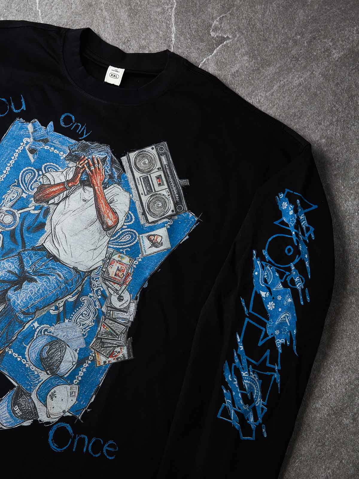 NOISSEY YOLO Blue Paisley Vintage Rap Sketch Graphic Long Sleeve - White / Black Boxy Streetwear Shirt