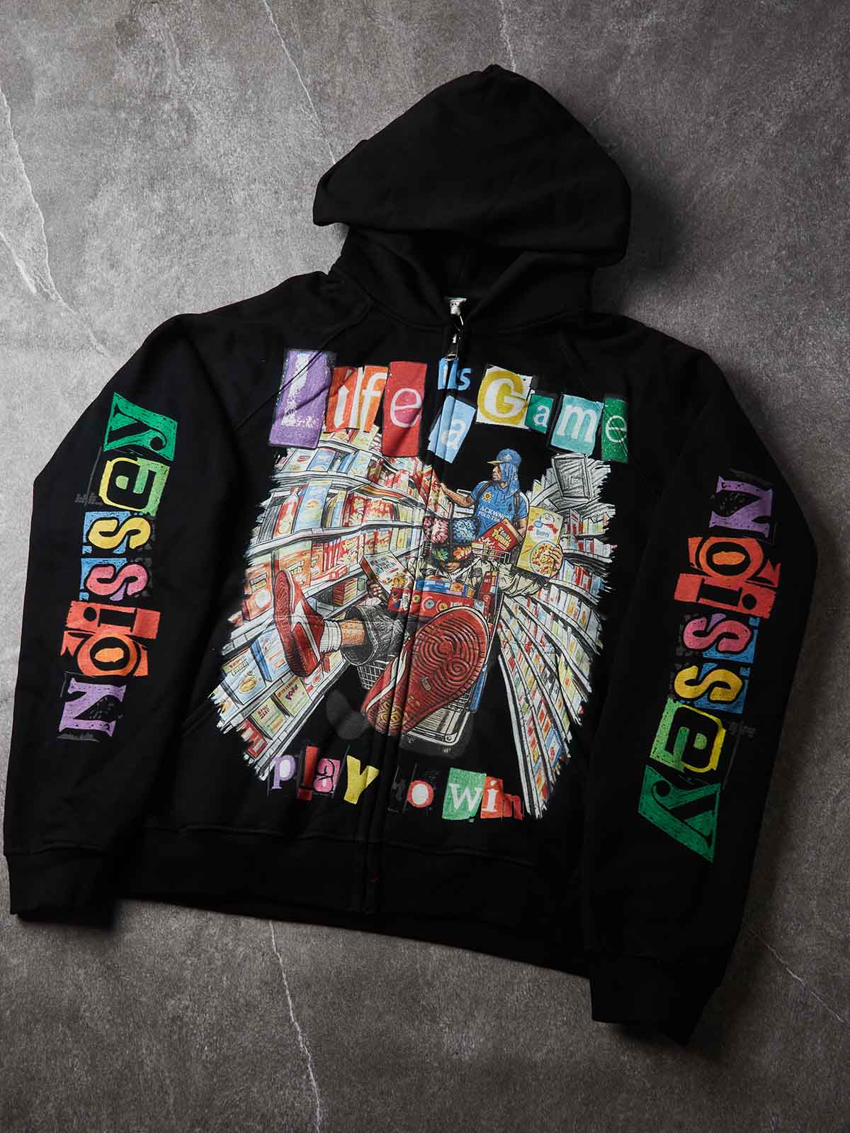 NOISSEY Pop-Art Supermarket Collage Full-Zip Hoodie - White / Black Streetwear Hoodie
